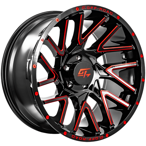 GT Off-Road - Aggression - Black - Gloss Black Milled Red - 20" x 9", 12 Offset, 8x180 (Bolt pattern), 125.2mm HUB