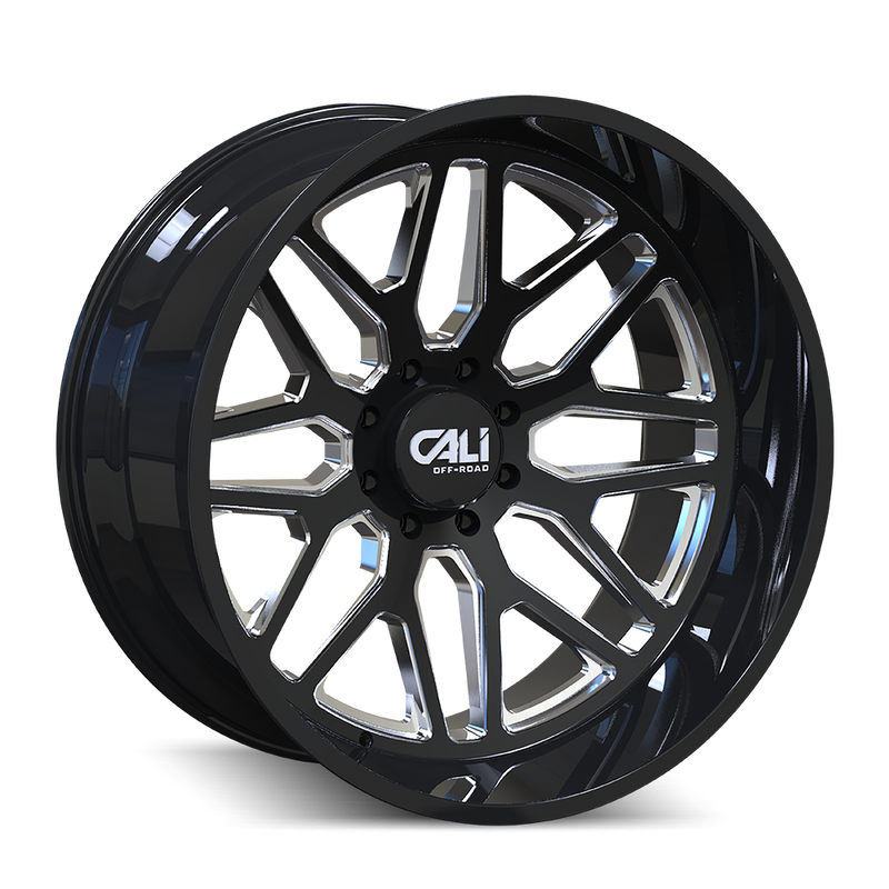 Cali Off-Road - INVADER - Black - GLOSS BLACK/MILLED SPOKES - 20" x 10", -25 Offset, 8x165.1 (Bolt Pattern), 125.2mm HUB