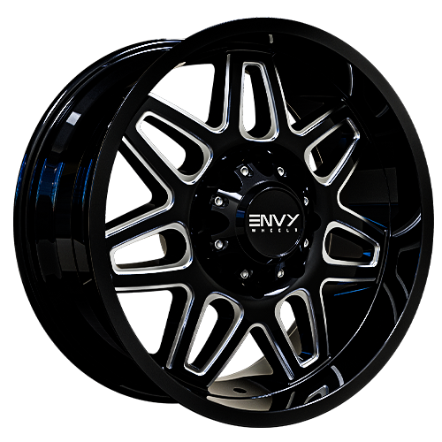 Envy Wheels - ET-2 - Black - GLOSS BLACK / SIDE MILL - 20" x 9", 18 Offset, 8x180 (Bolt Pattern), 125mm HUB