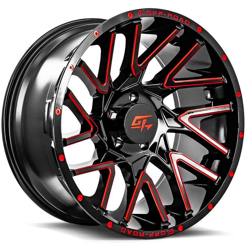 GT Off-Road - AGGRESSION - Black - Gloss Black Milled Red - 22" x 12", -44 Offset, 8x170 (Bolt pattern), 125.20mm HUB