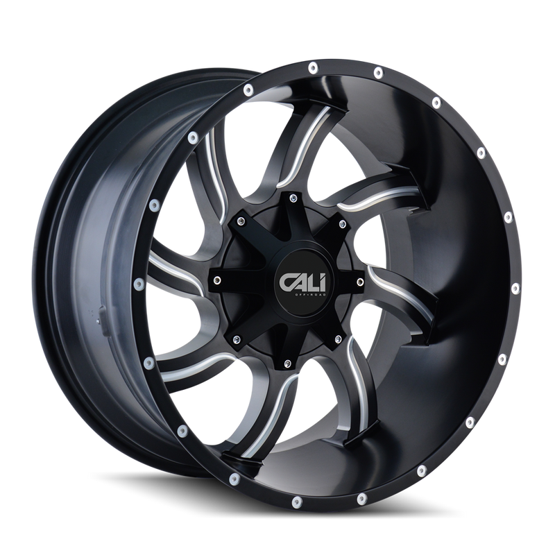 Cali Off-Road - TWISTED - Black - SATIN BLACK/MILLED SPOKES - 22" x 12", -44 Offset, 6x135/139.7 (Bolt Pattern), 106mm HUB