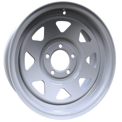 Envy Wheels - TRAILER STEEL SPOKE - White - WHITE / RED AND BLUE PIN STRIPE - 15" x 6", 0 Offset, 5x114.3 (Bolt Pattern), 84mm HUB