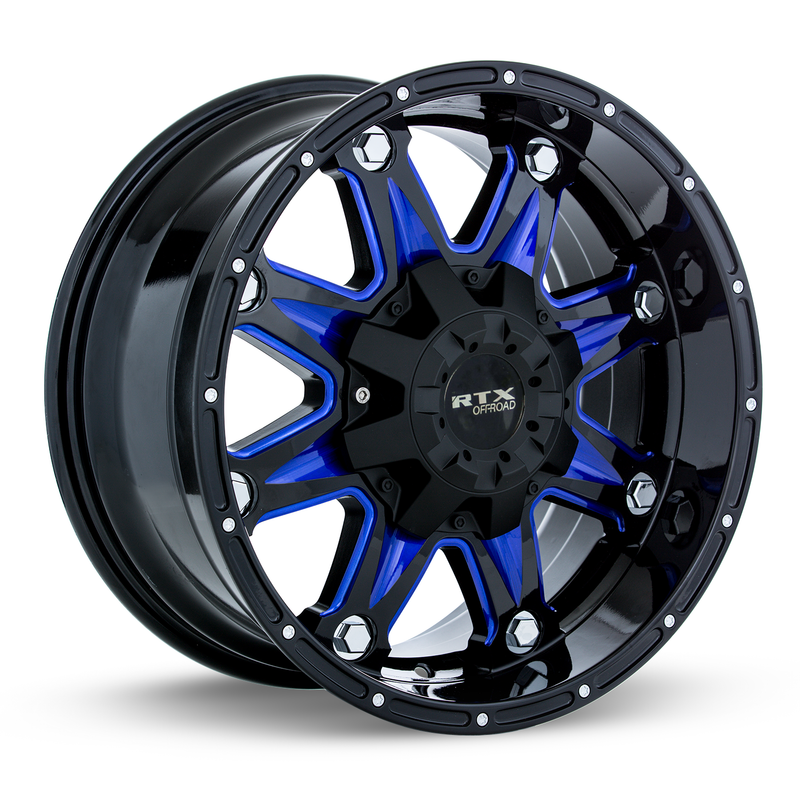 RTX Wheels - Spine - Black - Black with Milled Blue Spokes - 18" x 9", 10 Offset, 6x135/139.7 (Bolt Pattern), 87.1mm HUB