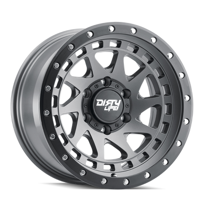 Dirty Life - ENIGMA - Grey - SATIN GRAPHITE/BLACK LIP - 17" x 9", -12 Offset, 6x139.7 (Bolt Pattern), 106mm HUB