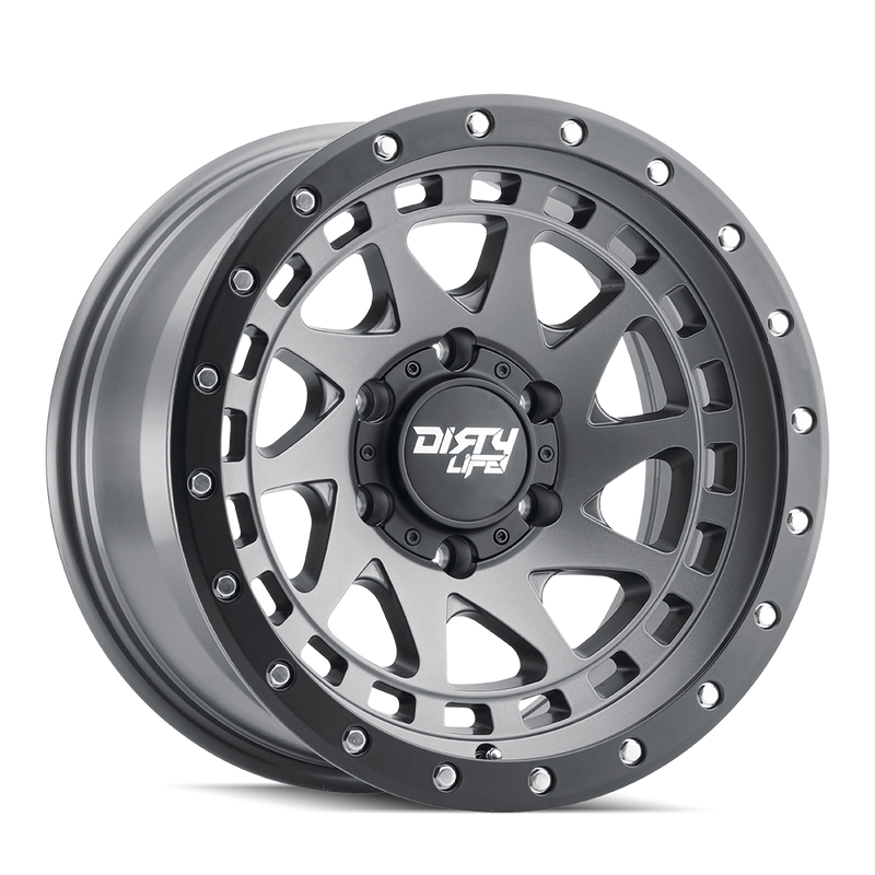 Dirty Life - ENIGMA - Grey - SATIN GRAPHITE/BLACK LIP - 17" x 9", -12 Offset, 6x139.7 (Bolt Pattern), 106mm HUB