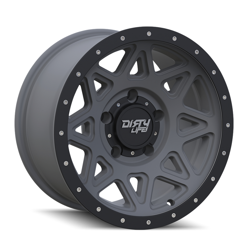 Dirty Life - THEORY - Gunmetal - MATTE GUNMETAL WITH MATTE BLACK LIP - 17" x 9", -12 Offset, 8x165.1 (Bolt Pattern), 130.8mm HUB
