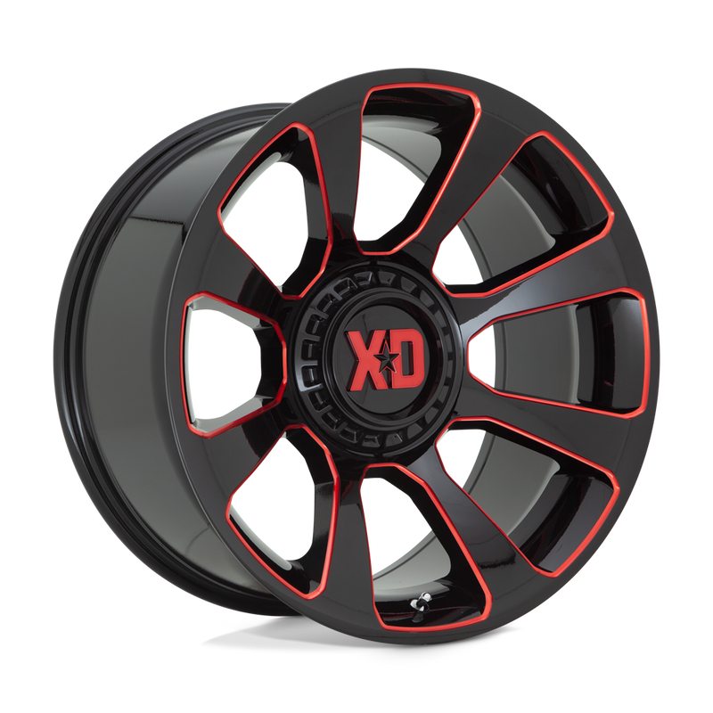 XD Series - XD854 REACTOR - Black - GLOSS BLACK MILLED WITH RED TINT - 20" x 9", 18 Offset, 5x139.7/150 (Bolt Pattern), 110.1mm HUB