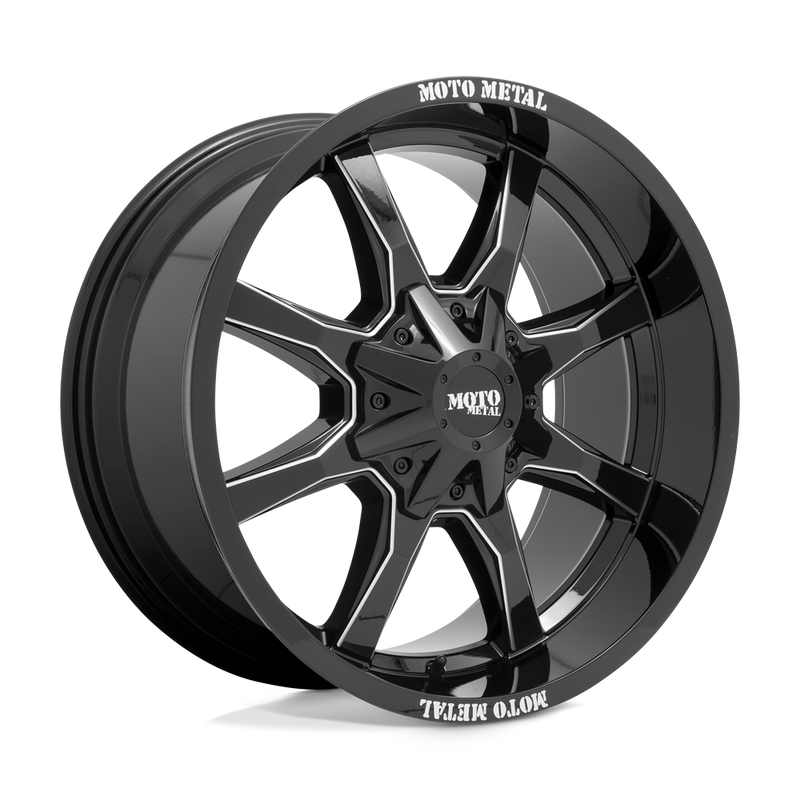 Moto Metal - MO970 - Black - GLOSS BLACK WITH MILLED SPOKE & MOTO METAL ON LIP - 20" x 9", 0 Offset, 6x135/139.7 (Bolt Pattern), 106.1mm HUB