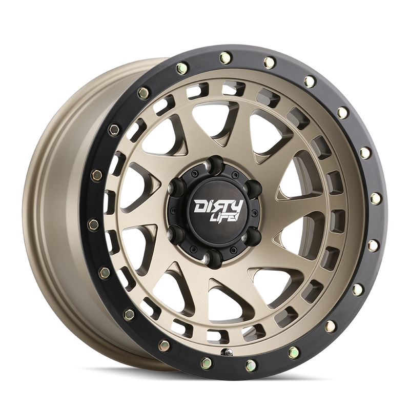 Dirty Life - ENIGMA - Gold - SATIN GOLD/BLACK LIP - 17" x 9", -38 Offset, 6x139.7 (Bolt Pattern), 106mm HUB