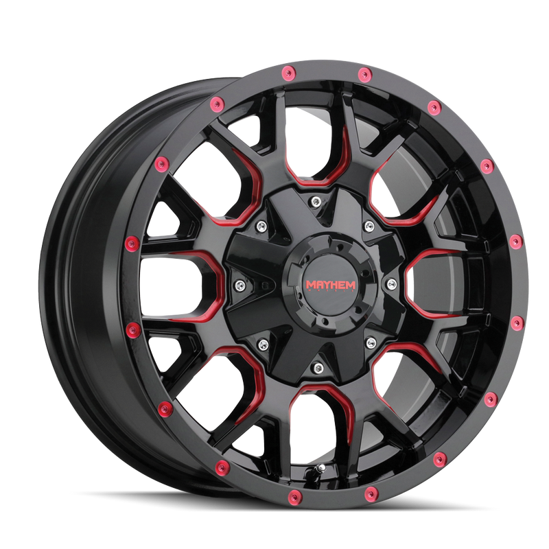 Mayhem - WARRIOR - Black - BLACK WITH PRISM RED - 20" x 9", 0 Offset, 8x165.1/170 (Bolt Pattern), 130.8mm HUB