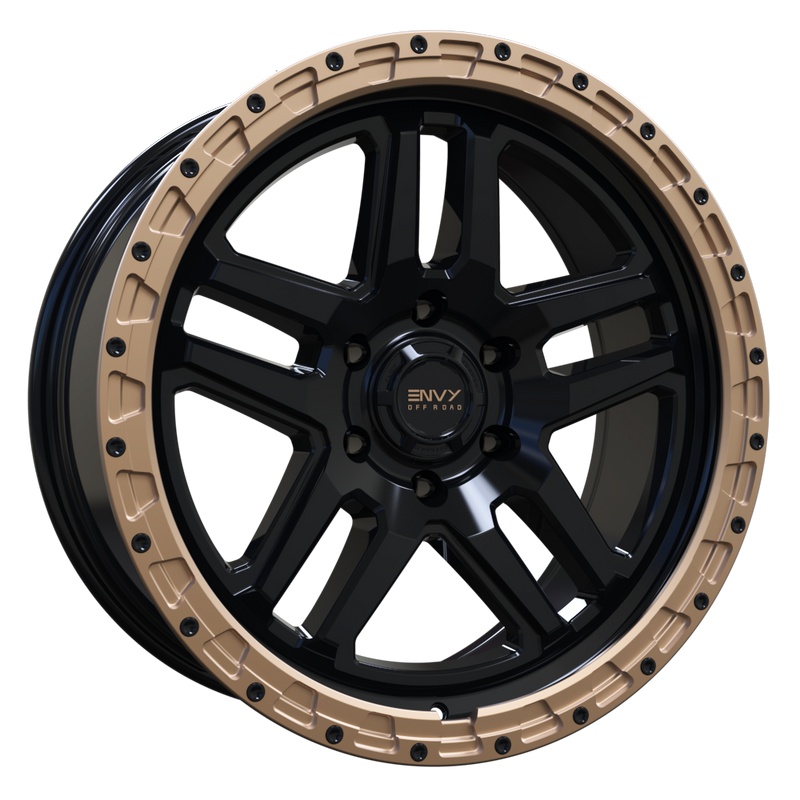 Envy Wheels - FFT-9 - Black - GLOSS BLACK / GLOSS BRONZE BEADLOCK - 20" x 9", -12 Offset, 6x139.7 (Bolt Pattern), 106.1mm HUB