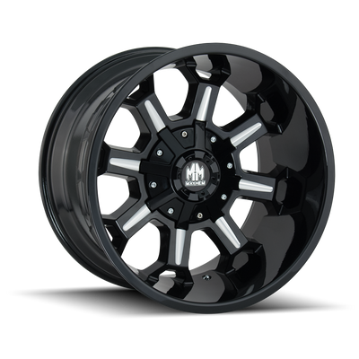 Mayhem - COMBAT - Black - GLOSS BLACK/MILLED SPOKES - 20" x 12", -44 Offset, 8x165.1/170 (Bolt Pattern), 130.8mm HUB