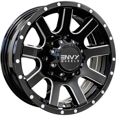 Envy Wheels - ET-3T - Black - GLOSS BLACK / SIDE MILL /  MILLED RIVETS - 16" x 6", 0 Offset, 8x165.1 (Bolt Pattern), 131mm HUB