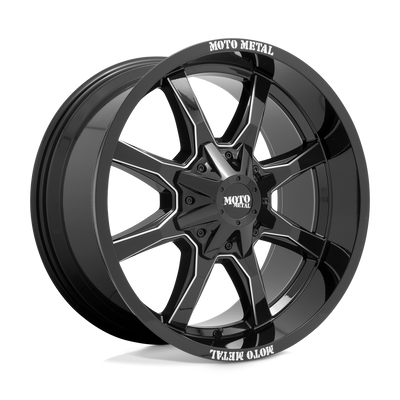 Moto Metal - MO970 - Black - GLOSS BLACK WITH MILLED SPOKE & MOTO METAL ON LIP - 16" x 8", 0 Offset, 8x165.1 (Bolt Pattern), 125.1mm HUB