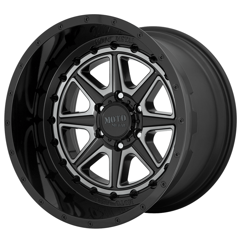 Moto Metal - MO801 PHANTOM - Black - GLOSS BLACK WITH GRAY TINT - 22" x 12", -44 Offset, 5x127 (Bolt Pattern), 71.5mm HUB