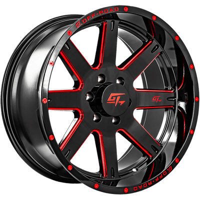 GT Off-Road - Invasion - Black - Gloss Black Milled Red - 22" x 12", -44 Offset, 6x135 (Bolt pattern), 87.1mm HUB