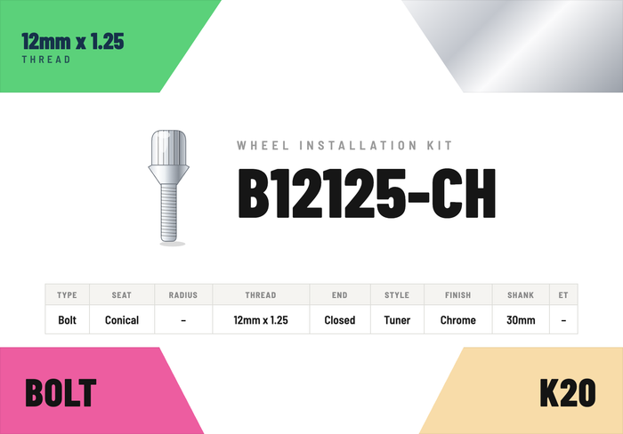 Lug Bolts — 12mm × 1.25 Conical · Tuner · Chrome · 30mm shank · Kit of 20