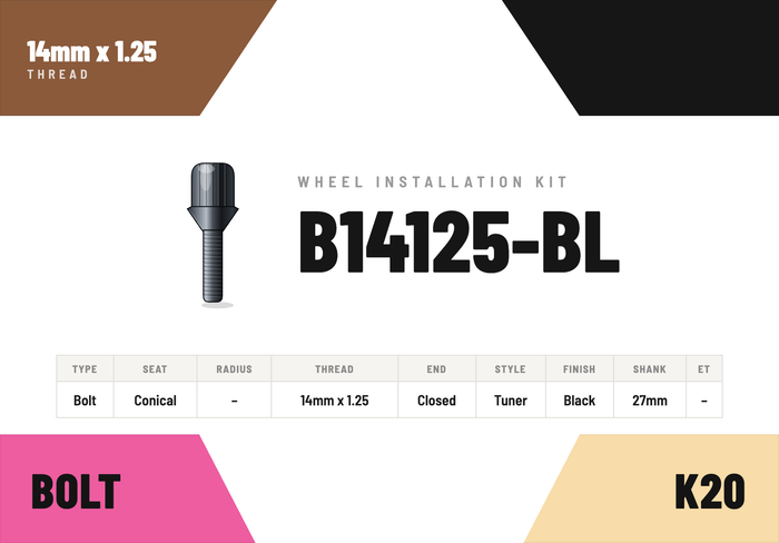 Lug Bolts — 14mm × 1.25 Conical · Tuner · Black · 27mm shank · Kit of 20