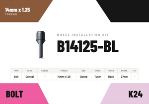Lug Bolts — 14mm × 1.25 Conical · Tuner · Black · 27mm shank · Kit of 24