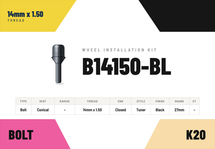 Lug Bolts — 14mm × 1.50 Conical · Tuner · Black · 27mm shank · Kit of 20