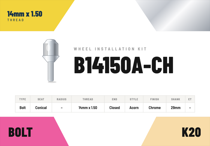 Lug Bolts — 14mm × 1.50 Conical · Acorn · Chrome · 29mm shank · Kit of 20