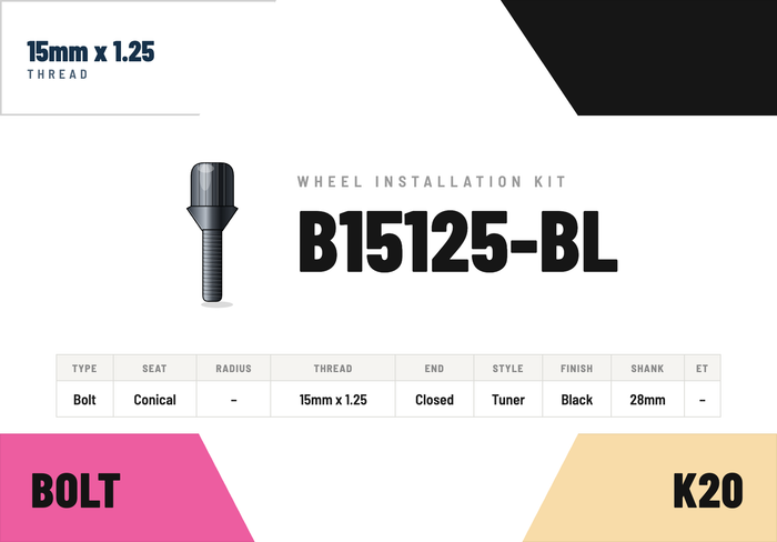 Lug Bolts — 15mm × 1.25 Conical · Tuner · Black · 28mm shank · Kit of 20