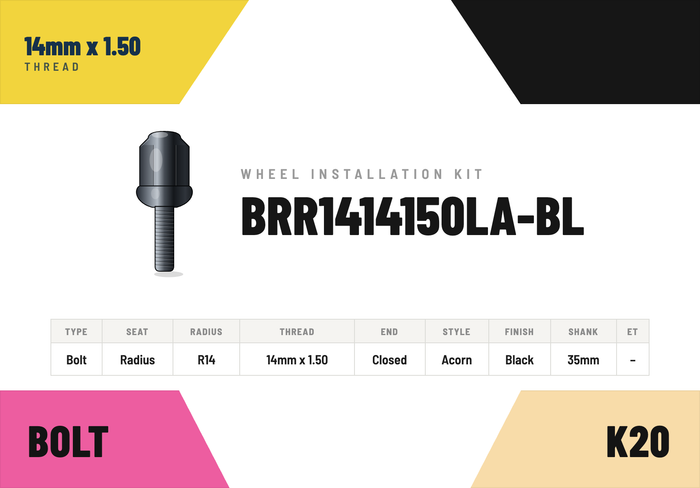 Lug Bolts — 14mm × 1.50 Radius R14 · Acorn · Black · 35mm shank · Kit of 20