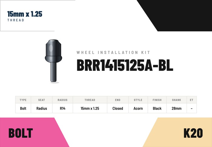 Lug Bolts — 15mm × 1.25 Radius R14 · Acorn · Black · 28mm shank · Kit of 20