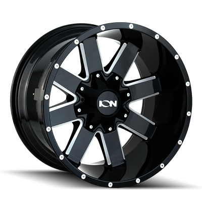 Ion Alloy - 141 - Black - Gloss Black/Milled Spokes - 20" x 12", -44 Offset, 8x165.1 (Bolt pattern), 130.80mm HUB