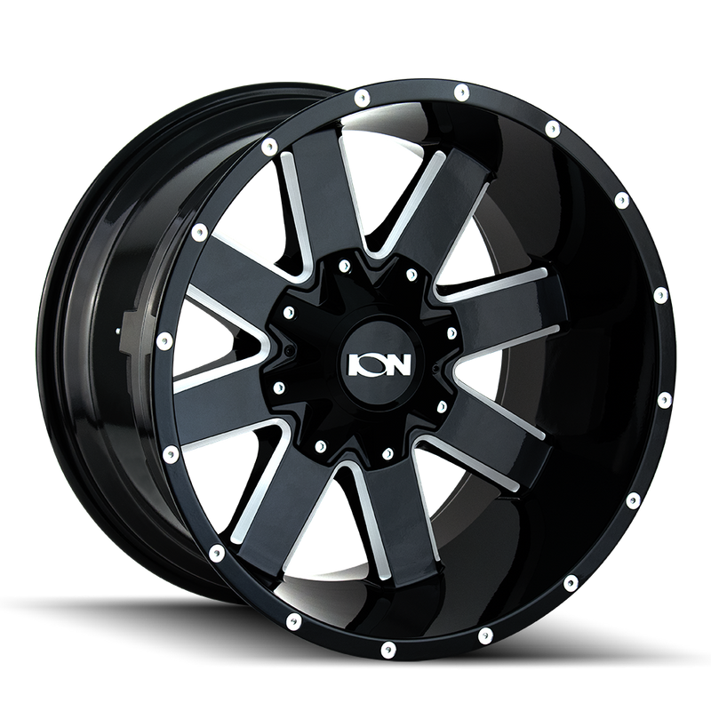 Ion Alloy - 141 - Black - Gloss Black/Milled Spokes - 20" x 12", -44 Offset, 8x165.1 (Bolt pattern), 130.80mm HUB