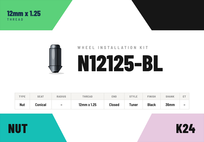 Lug Nuts — 12mm × 1.25 Conical · Tuner · Black · 36mm shank · Kit of 24