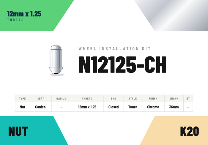 Lug Nuts — 12mm × 1.25 Conical · Tuner · Chrome · 36mm shank · Kit of 20