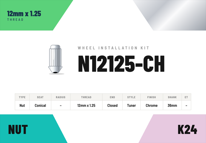 Lug Nuts — 12mm × 1.25 Conical · Tuner · Chrome · 36mm shank · Kit of 24