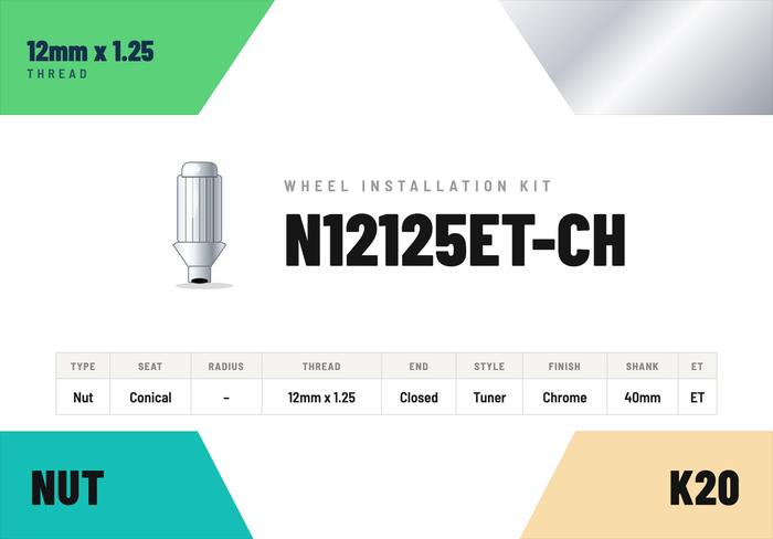 Lug Nuts — 12mm × 1.25 Conical · Tuner · Chrome · Extended Thread 40mm · Kit of 20