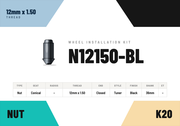Lug Nuts — 12mm × 1.50 Conical · Tuner · Black · 36mm shank · Kit of 20