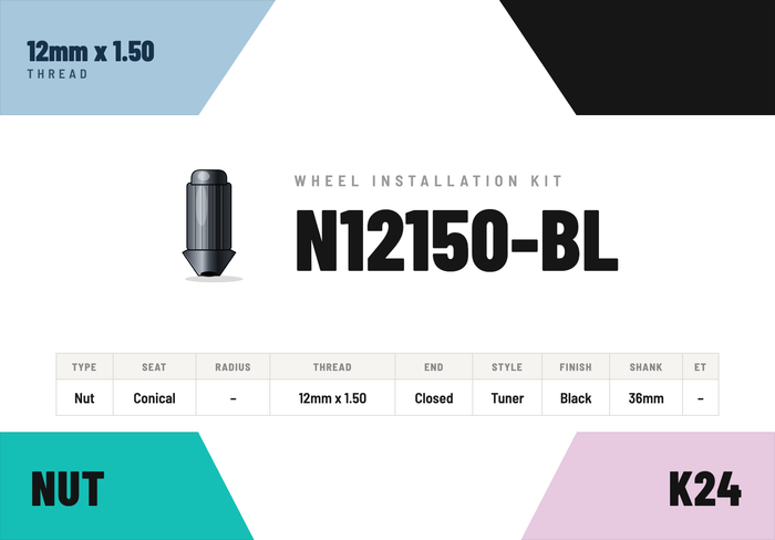 Lug Nuts — 12mm × 1.50 Conical · Tuner · Black · 36mm shank · Kit of 24
