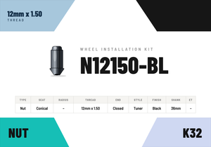 Lug Nuts — 12mm × 1.50 Conical · Tuner · Black · 36mm shank · Kit of 32