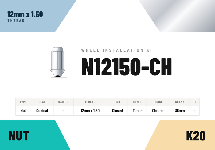 Lug Nuts — 12mm × 1.50 Conical · Tuner · Chrome · 36mm shank · Kit of 20