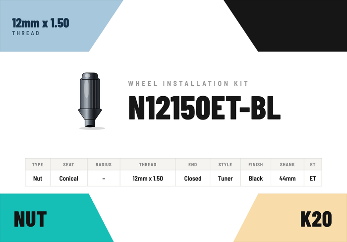 Lug Nuts — 12mm × 1.50 Conical · Tuner · Black · Extended Thread 44mm · Kit of 20