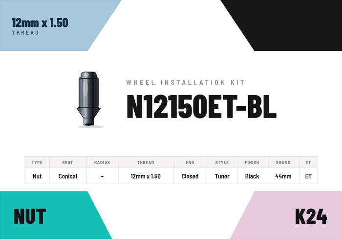 Lug Nuts — 12mm × 1.50 Conical · Tuner · Black · Extended Thread 44mm · Kit of 24