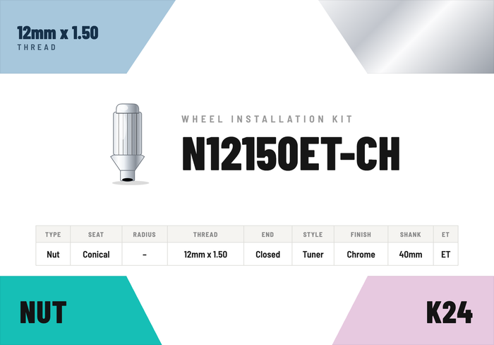 Lug Nuts — 12mm × 1.50 Conical · Tuner · Chrome · Extended Thread 40mm · Kit of 24