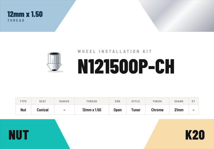 Lug Nuts — 12mm × 1.50 Conical · Tuner · Chrome · Open End · 21mm shank · Kit of 20