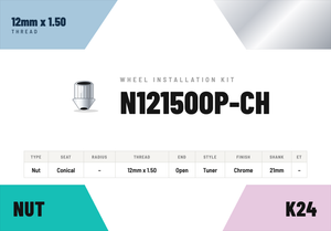 Lug Nuts — 12mm × 1.50 Conical · Tuner · Chrome · Open End · 21mm shank · Kit of 24