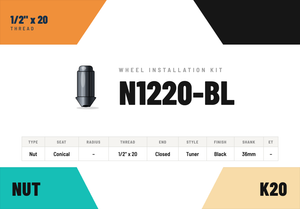 Lug Nuts — 1/2" × 20 Conical · Tuner · Black · 36mm shank · Kit of 20