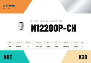 Lug Nuts — 1/2" × 20 Conical · Tuner · Chrome · Open End · 21mm shank · Kit of 20