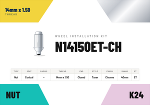 Lug Nuts — 14mm × 1.50 Conical · Tuner · Chrome · Extended Thread 40mm · Kit of 24