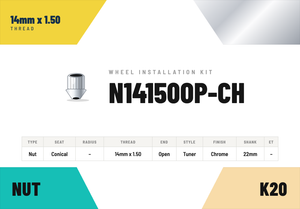 Lug Nuts — 14mm × 1.50 Conical · Tuner · Chrome · Open End · 22mm shank · Kit of 20