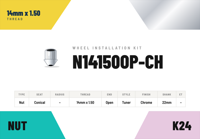Lug Nuts — 14mm × 1.50 Conical · Tuner · Chrome · Open End · 22mm shank · Kit of 24