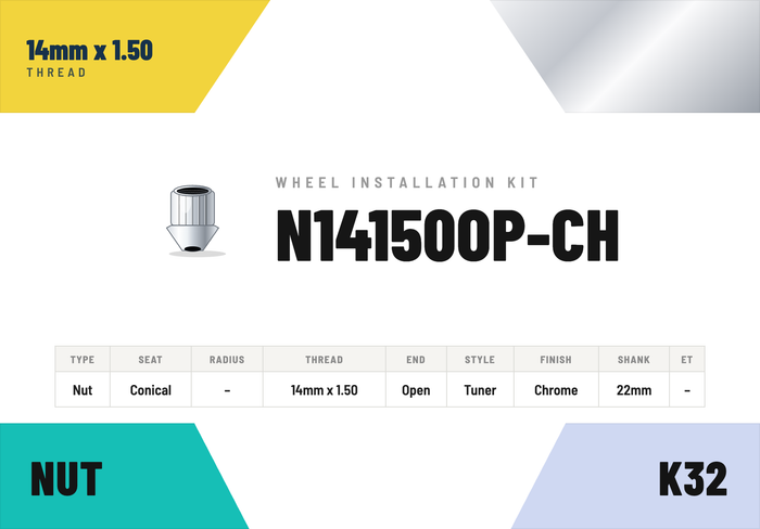 Lug Nuts — 14mm × 1.50 Conical · Tuner · Chrome · Open End · 22mm shank · Kit of 32