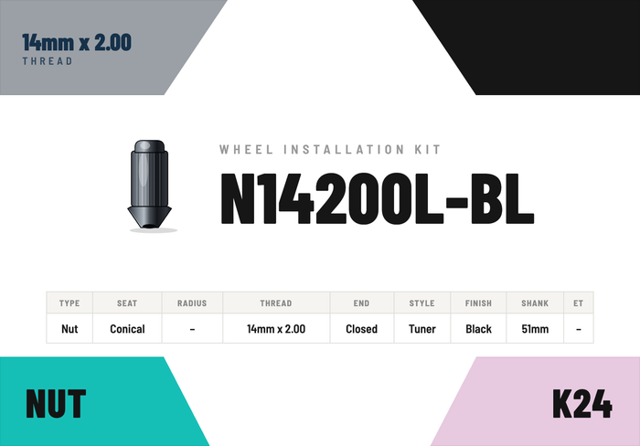 Lug Nuts — 14mm × 2.00 Conical · Tuner · Black · 51mm shank · Kit of 24